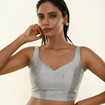Silver Raw Silk Sweetheart Neckline Sleeveless Blouse full