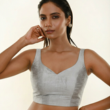 Silver Raw Silk Sweetheart Neckline Sleeveless Blouse full
