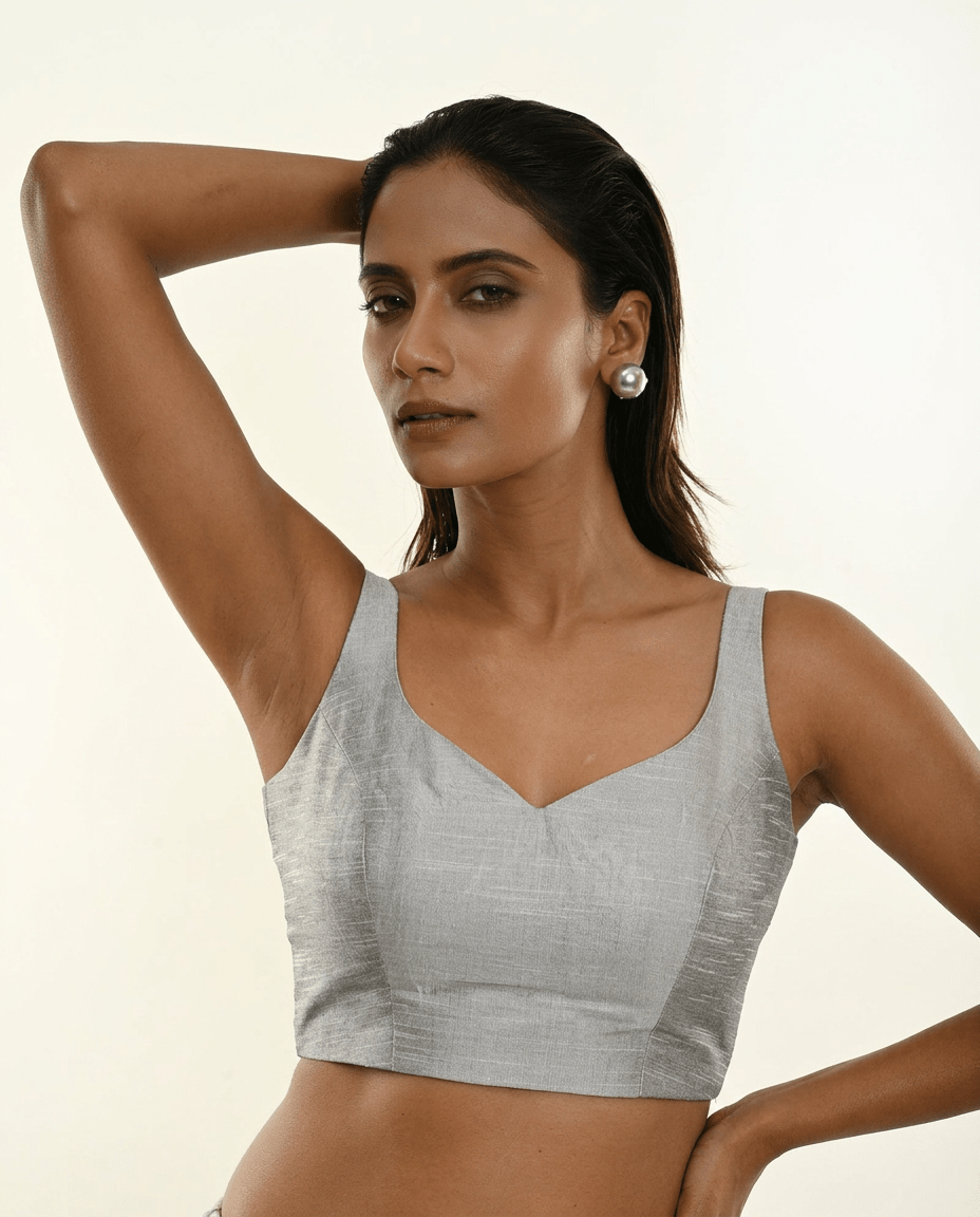 Silver Raw Silk Sleeveless Blouse with Sweetheart Neckline - Anvi Couture