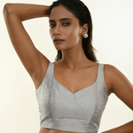 Silver Raw Silk Sweetheart Neckline Sleeveless Blouse front