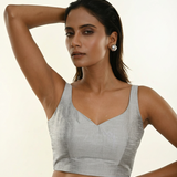 Silver Raw Silk Sweetheart Neckline Sleeveless Blouse front