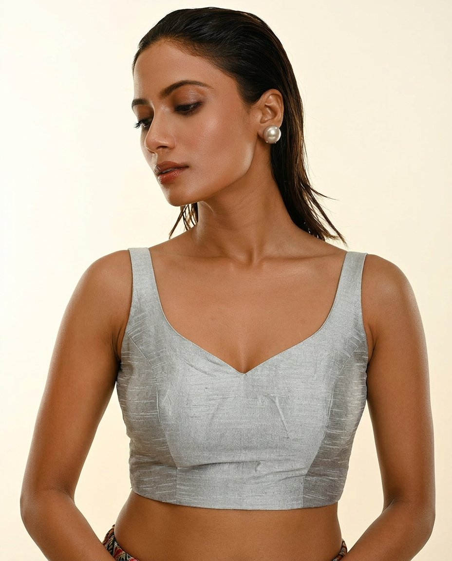 Silver Raw Silk Sweetheart Neckline Sleeveless Blouse close up