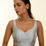 Silver Raw Silk Sweetheart Neckline Sleeveless Blouse close up