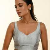 Silver Raw Silk Sweetheart Neckline Sleeveless Blouse close up