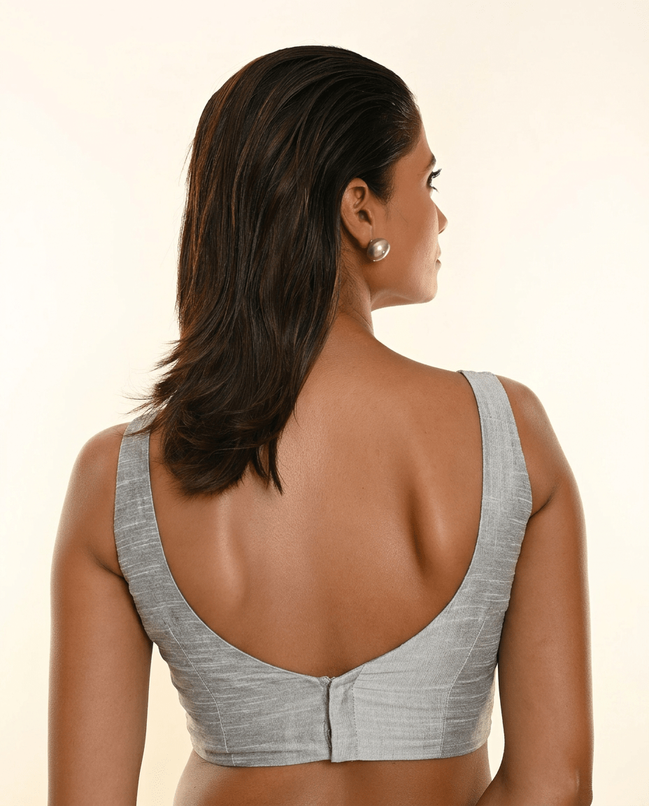 Silver Raw Silk Sleeveless Blouse with Sweetheart Neckline - Anvi Couture