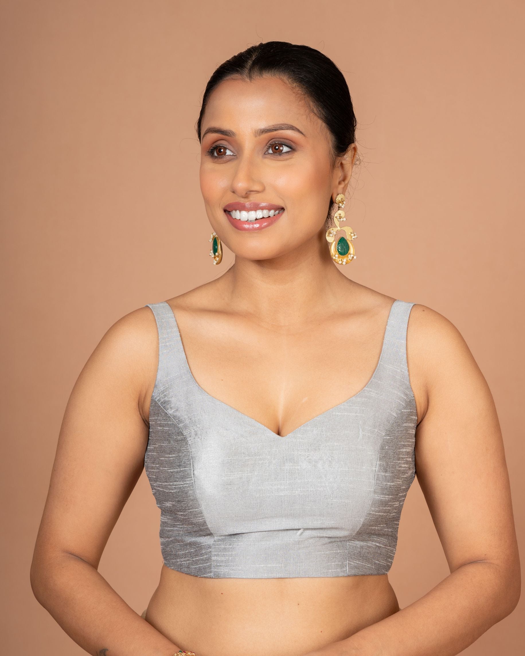 Silver Raw Silk Sweetheart Neckline Sleeveless Side