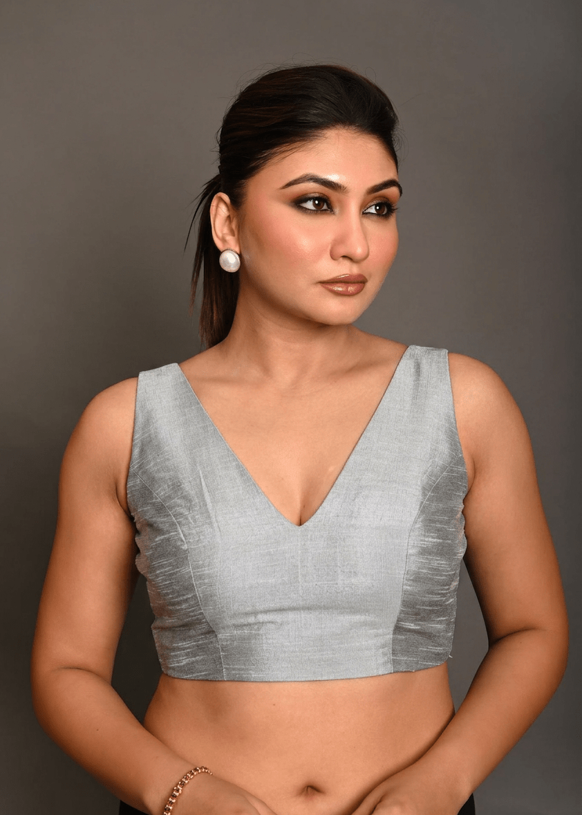 Silver Raw Silk V Neckline Sleeveless Blouse - Anvi Couture