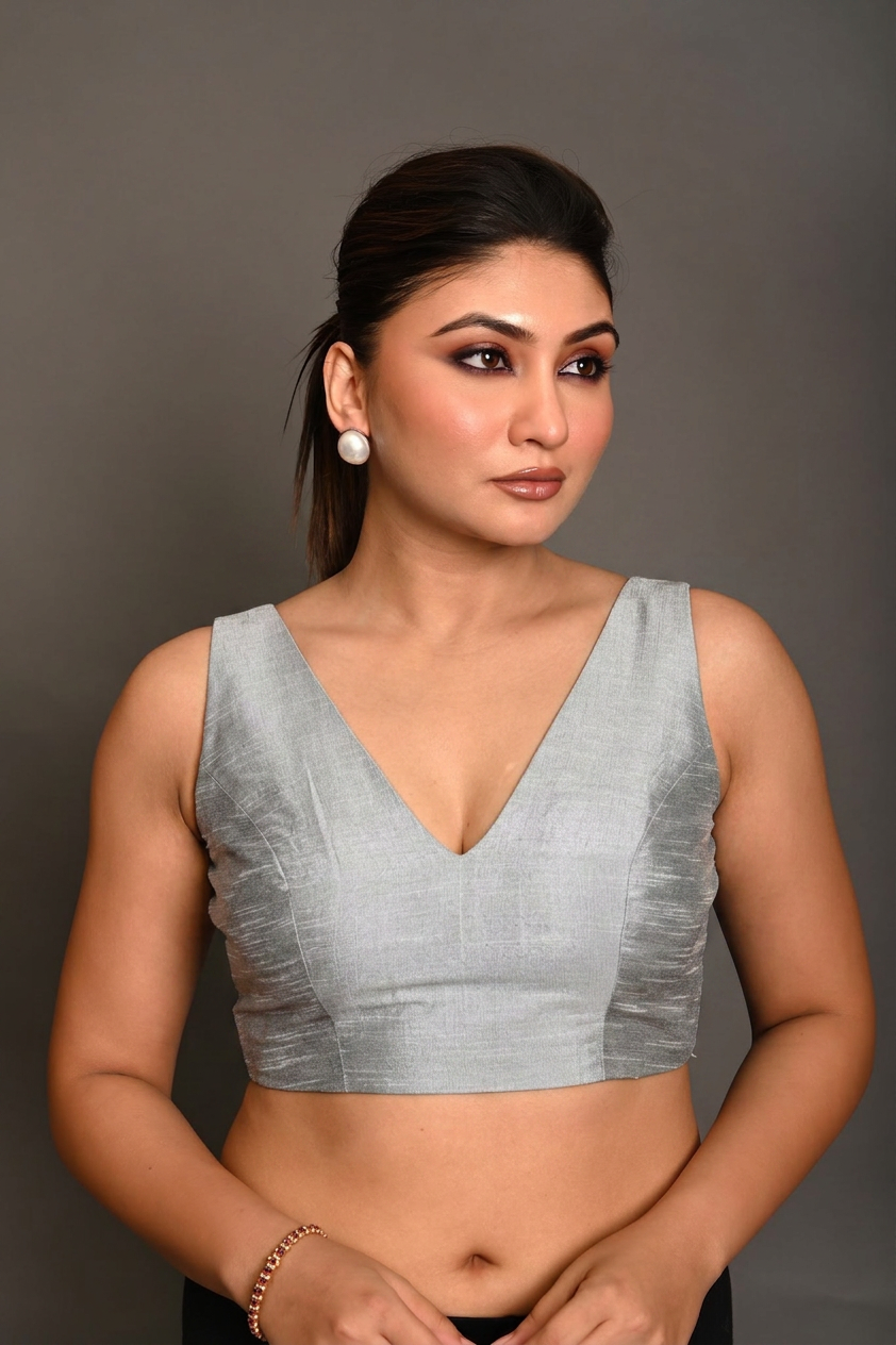 Silver Raw Silk V  Neckline Sleeveless Blouse full