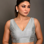 Silver Raw Silk V  Neckline Sleeveless Blouse full