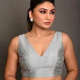 Silver Raw Silk V  Neckline Sleeveless Blouse full