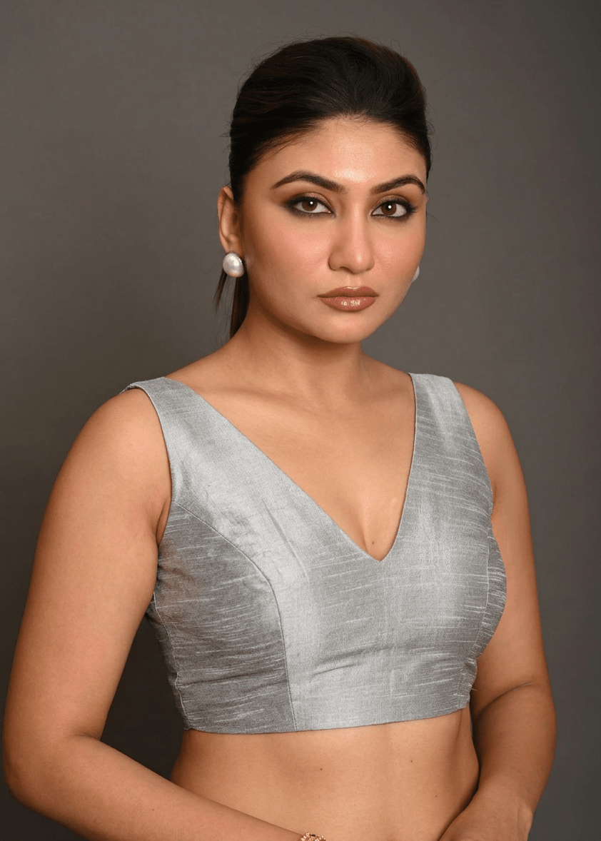 Silver Raw Silk V Neckline Sleeveless Blouse - Anvi Couture