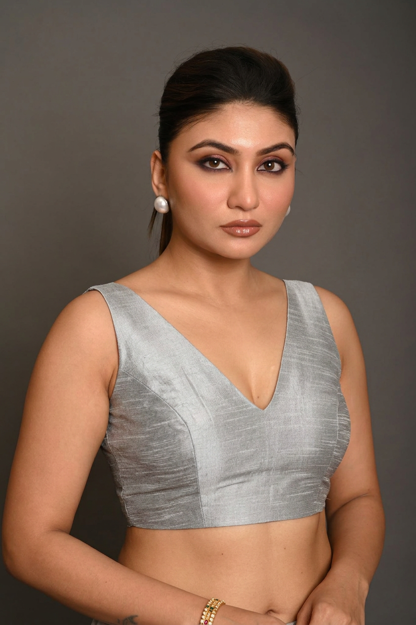 Silver Raw Silk V  Neckline Sleeveless Blouse front