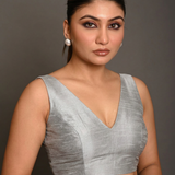 Silver Raw Silk V  Neckline Sleeveless Blouse front
