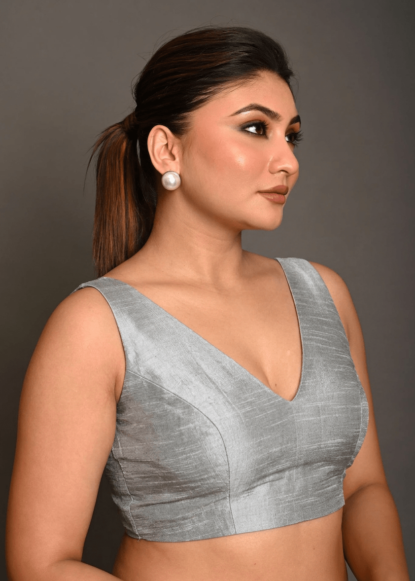 Silver Raw Silk V Neckline Sleeveless Blouse - Anvi Couture