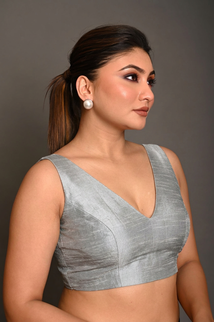 Silver Raw Silk V  Neckline Sleeveless Blouse close up