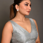 Silver Raw Silk V  Neckline Sleeveless Blouse close up