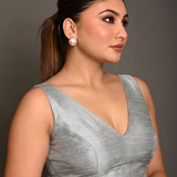Silver Raw Silk V  Neckline Sleeveless Blouse close up