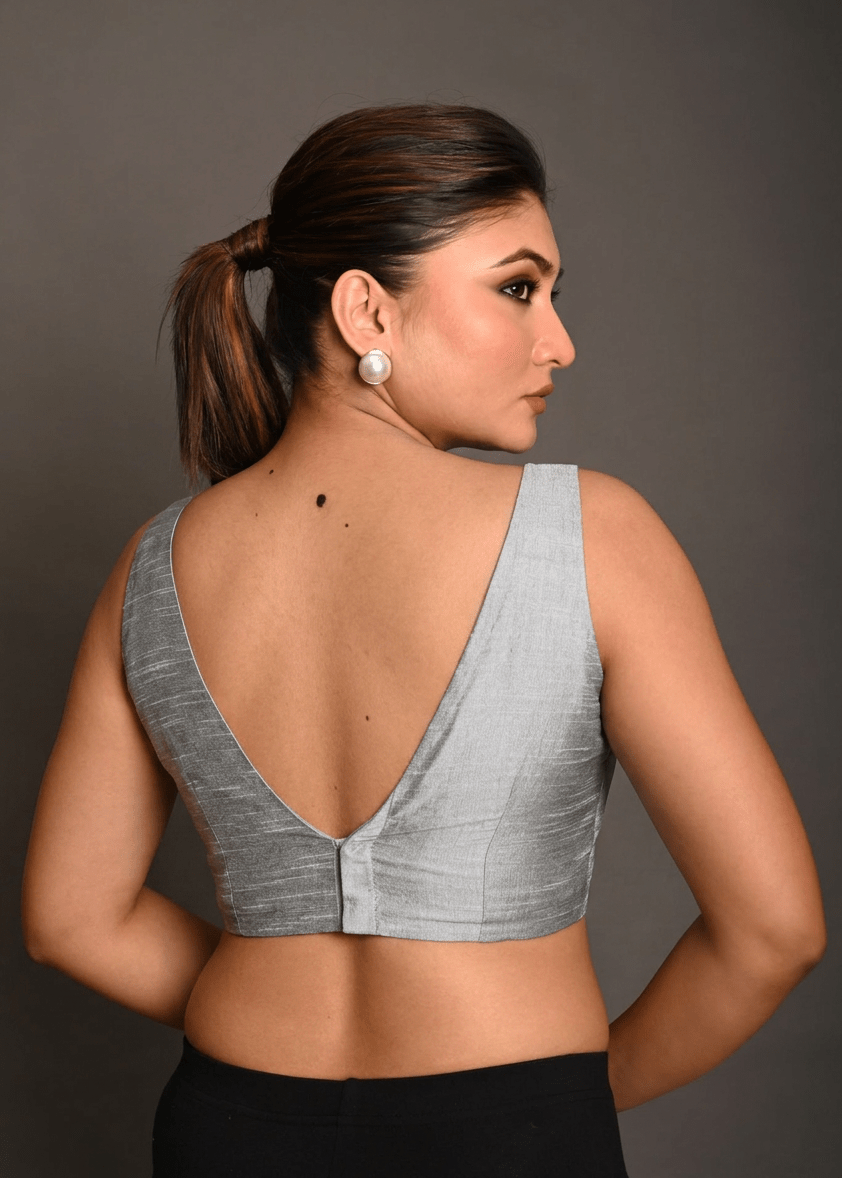Silver Raw Silk V Neckline Sleeveless Blouse - Anvi Couture