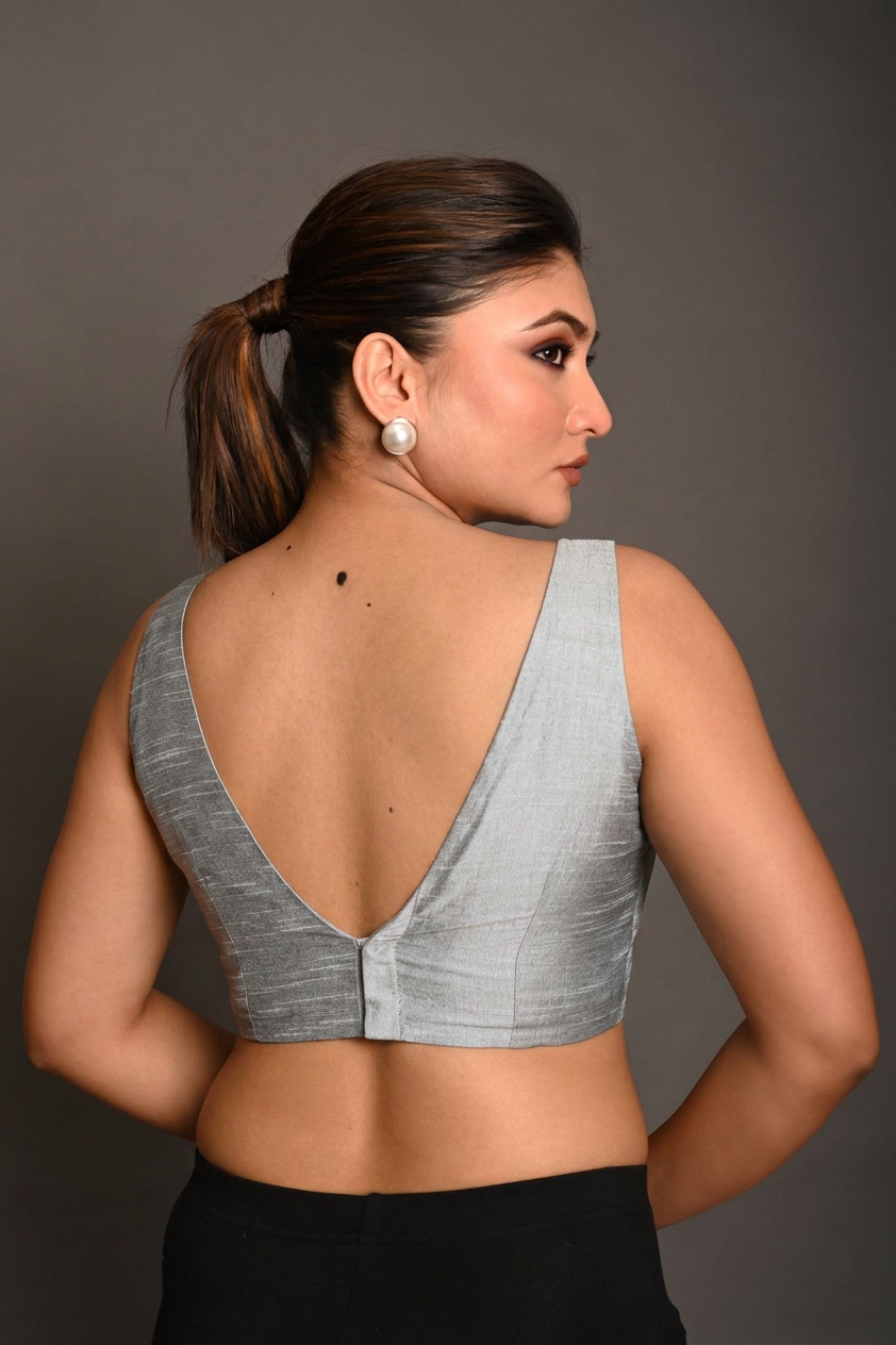 Silver Raw Silk V  Neckline Sleeveless Blouse back