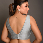 Silver Raw Silk V  Neckline Sleeveless Blouse back