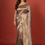 Silver Tissue Brocade Banarasi Saree with Embroidered Work Full
