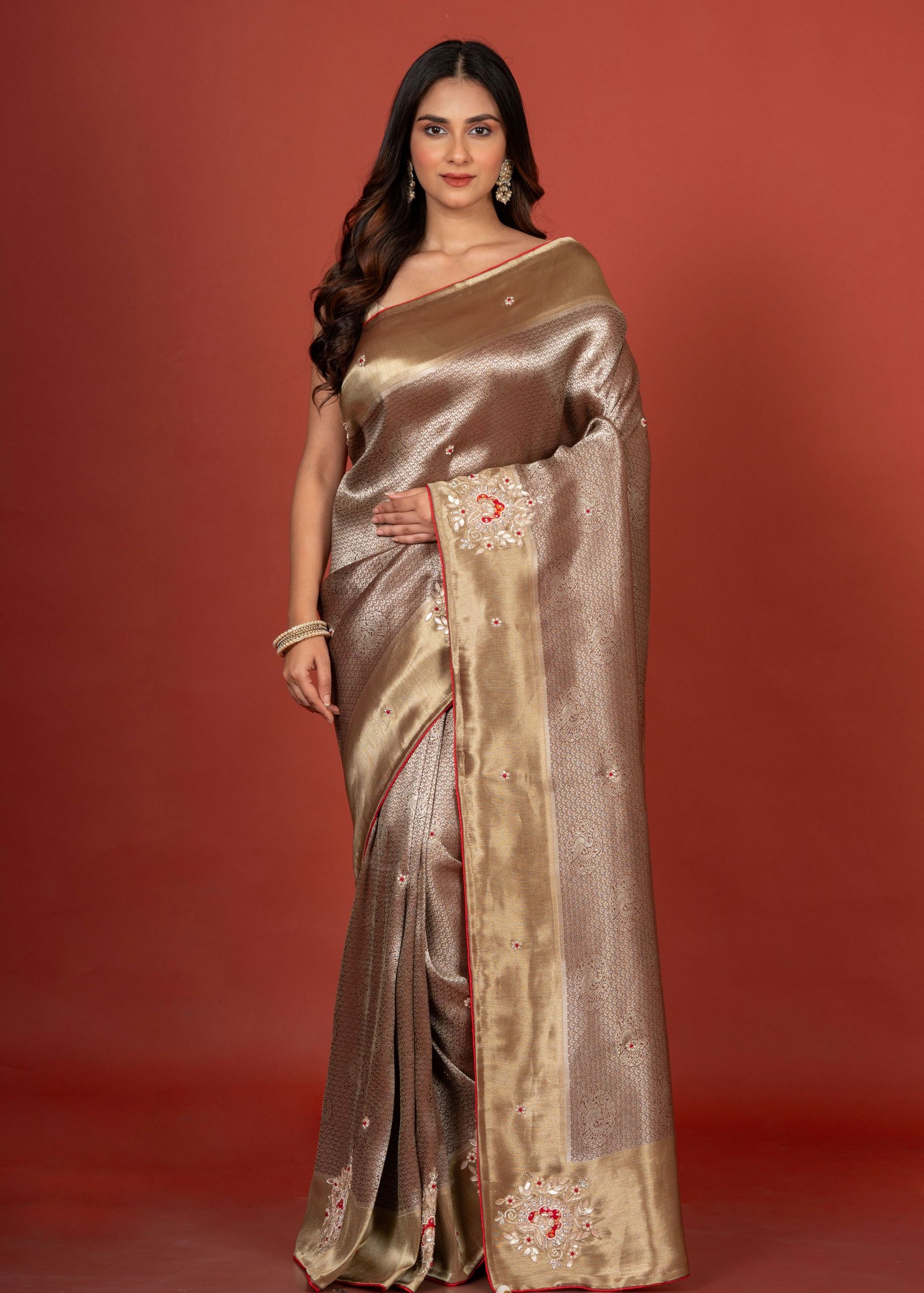 Silver Tissue Brocade Banarasi Saree with Embroidered Work Full
