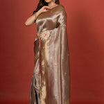 Silver Tissue Brocade Banarasi Saree with Embroidered Work Front