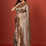 Silver Tissue Brocade Banarasi Saree with Embroidered Work Front