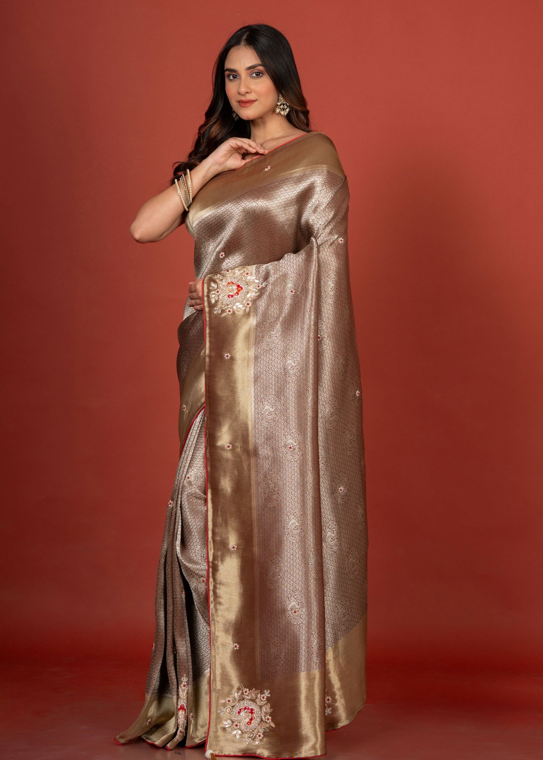 Silver Tissue Brocade Banarasi Saree with Embroidered Work Front
