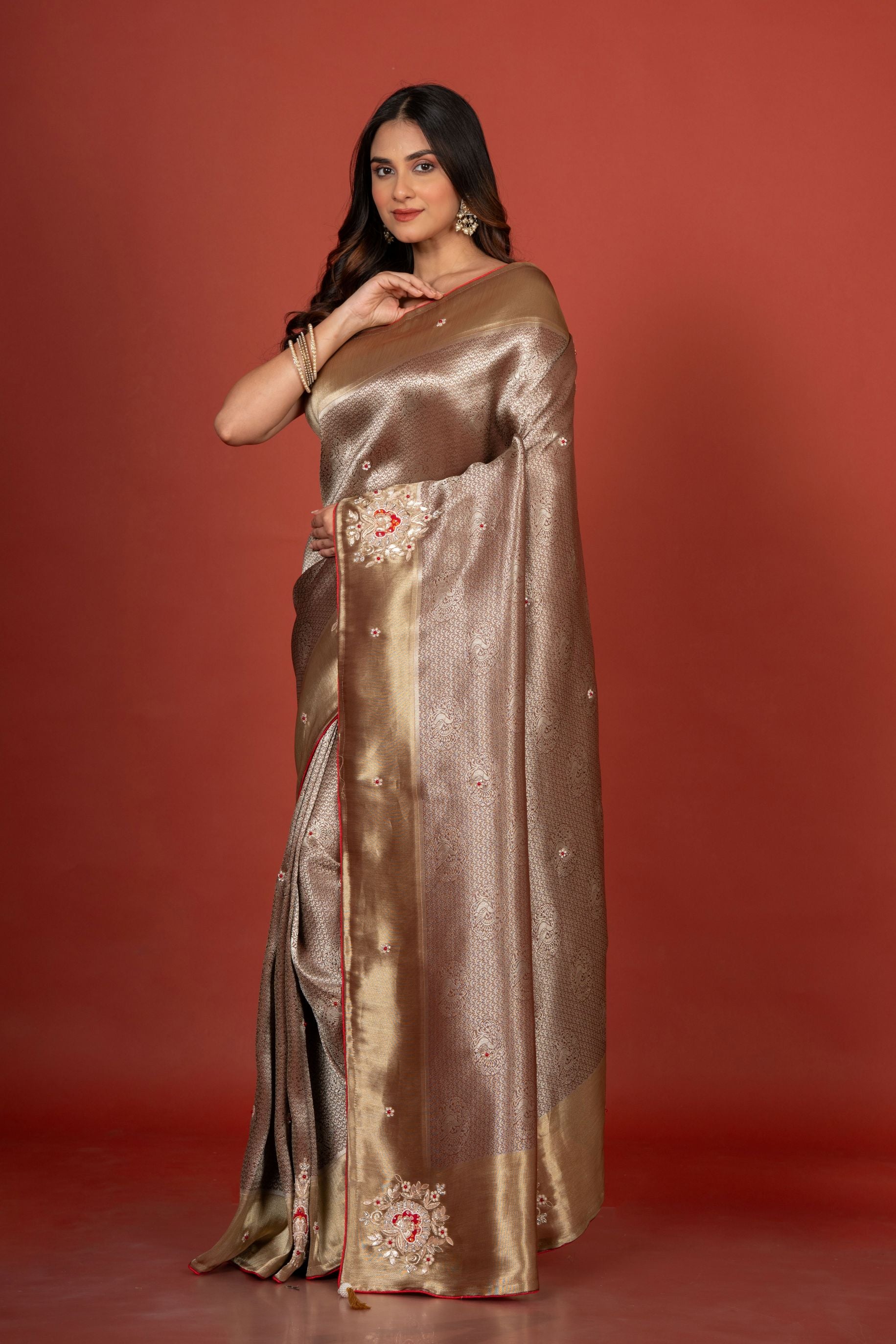 Silver Tissue Brocade Banarasi Saree with Embroidered Work Front