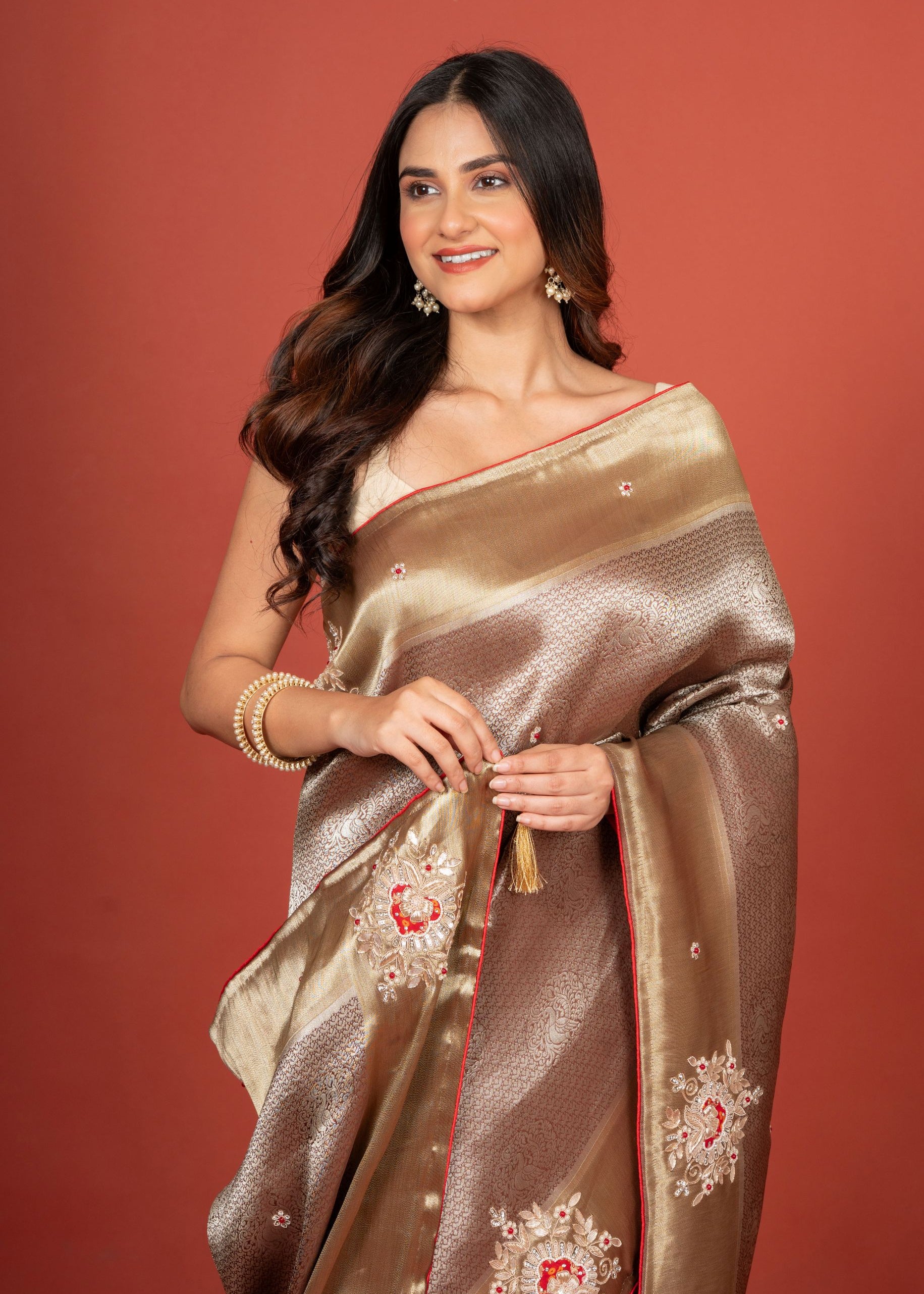 Silver Tissue Brocade Banarasi Saree with Embroidered Work Close Up