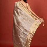 Silver Tissue Brocade Banarasi Saree with Embroidered Work Back