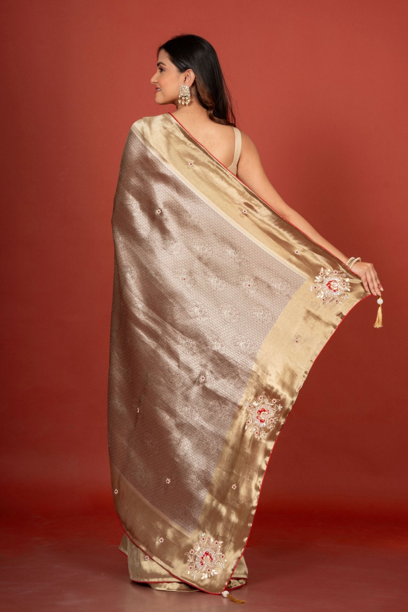 Silver Tissue Brocade Banarasi Saree with Embroidered Work Buy - Anvi Couture
