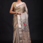 Silver Tissue Silk Saree With Hand Embroidered Thread Work full