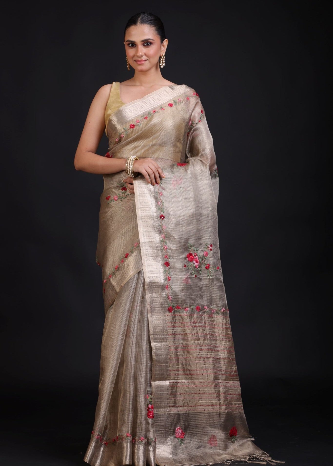 Silver Tissue Silk Saree With Hand Embroidered Thread Work - Anvi Couture