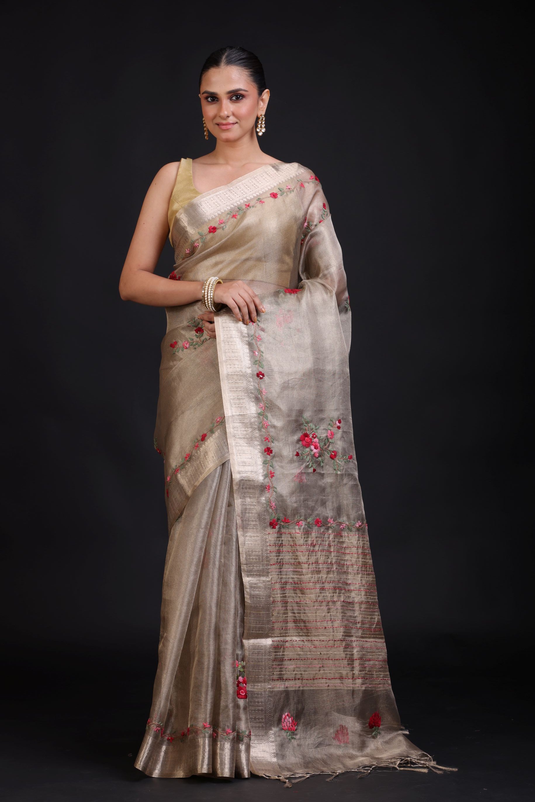 Silver Tissue Silk Saree With Hand Embroidered Thread Work full