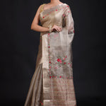 Silver Tissue Silk Saree With Hand Embroidered Thread Work front