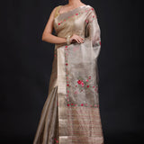 Silver Tissue Silk Saree With Hand Embroidered Thread Work front