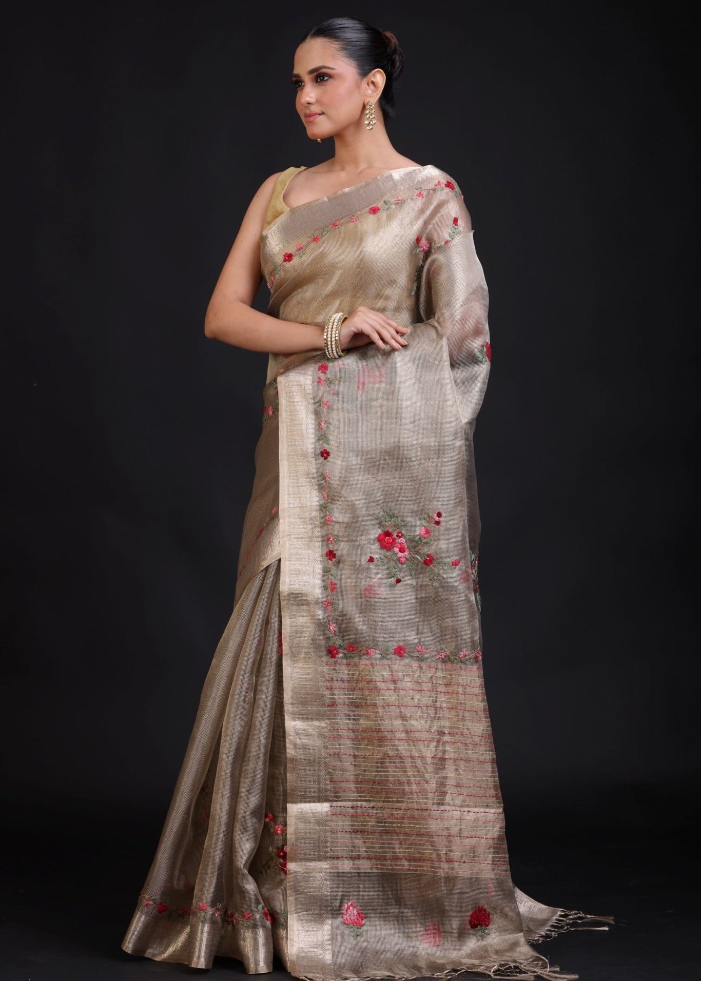 Silver Tissue Silk Saree With Hand Embroidered Thread Work - Anvi Couture
