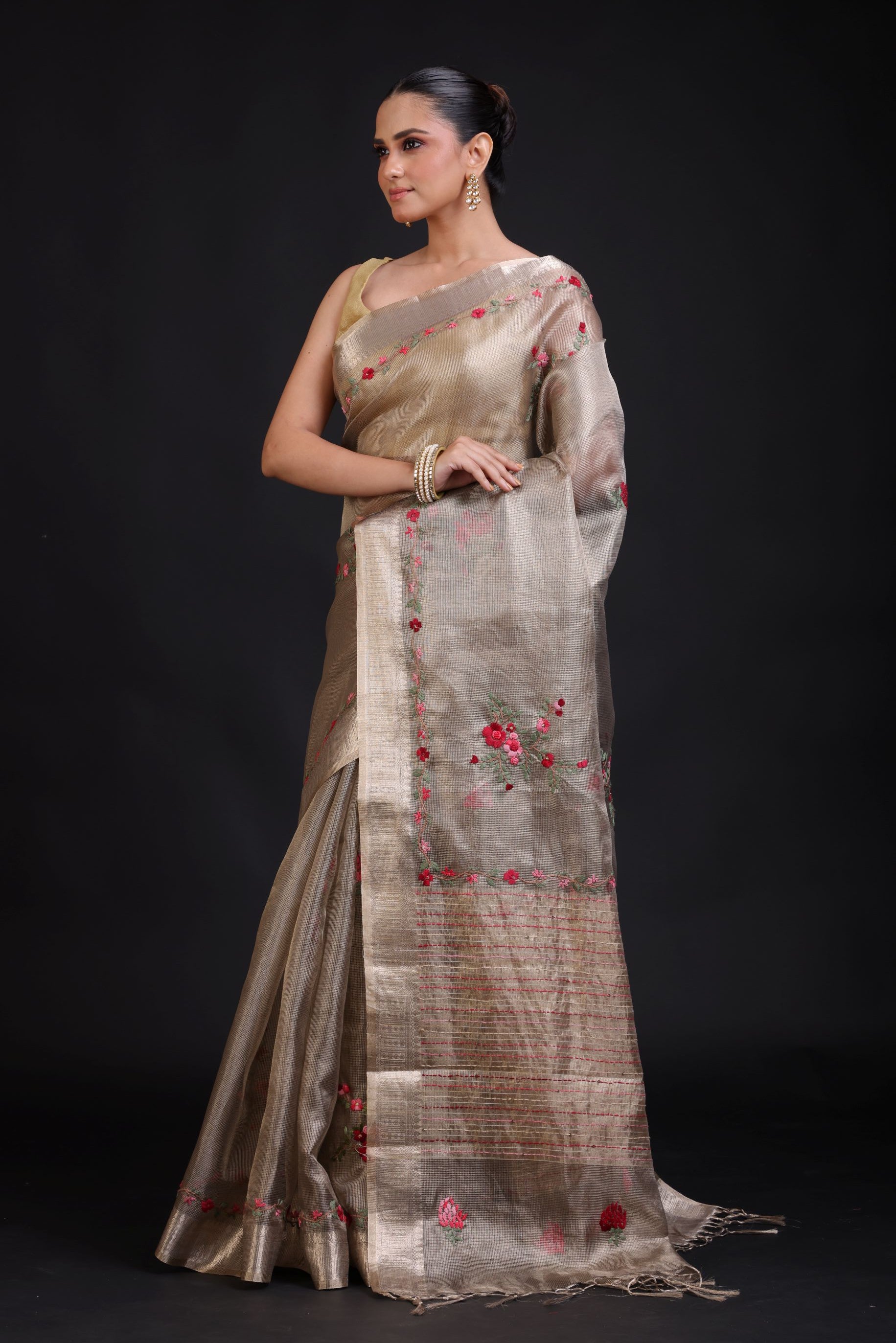 Silver Tissue Silk Saree With Hand Embroidered Thread Work front