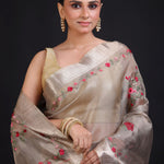 Silver Tissue Silk Saree With Hand Embroidered Thread Work close up