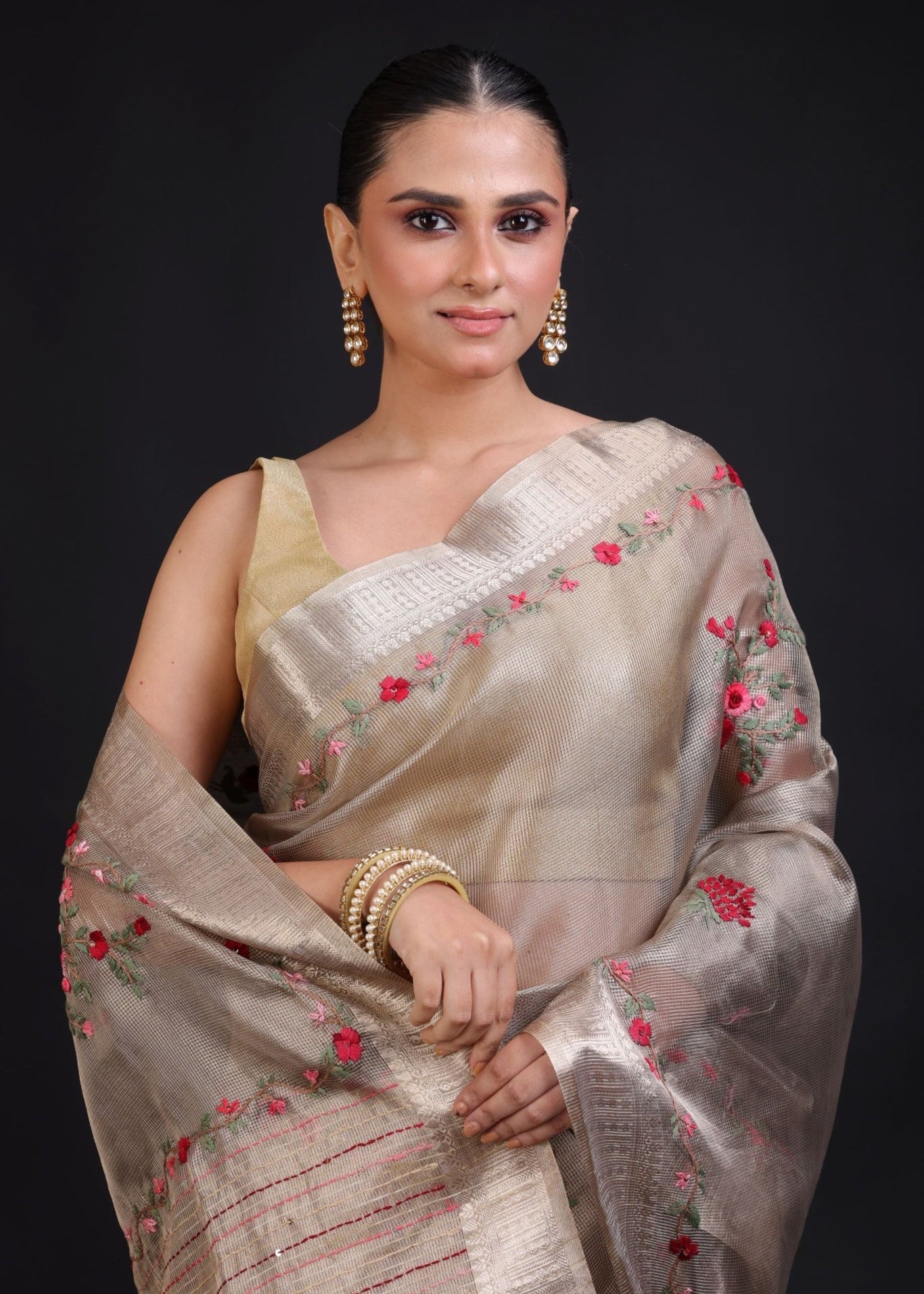 Silver Tissue Silk Saree With Hand Embroidered Thread Work - Anvi Couture