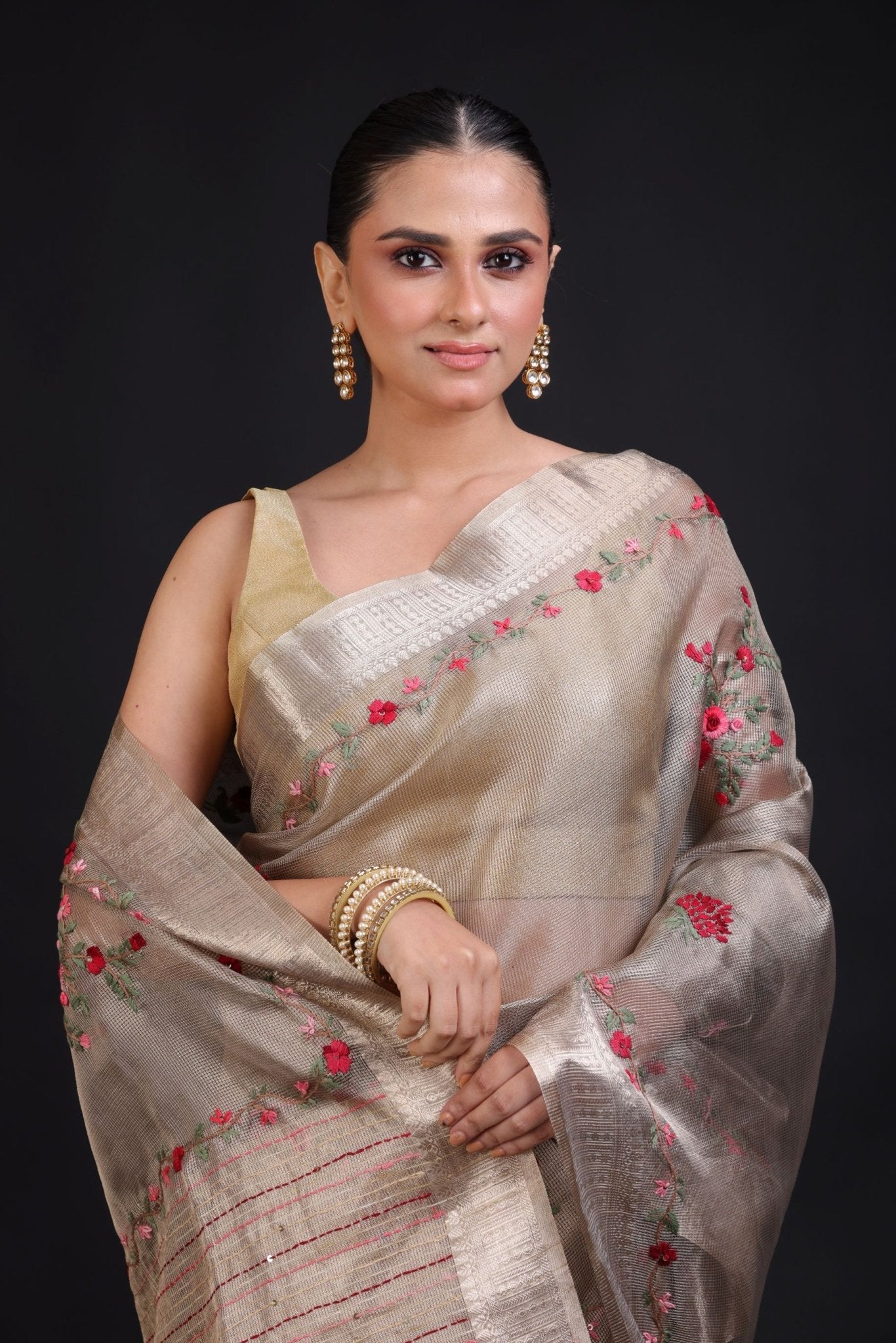 Silver Tissue Silk Saree With Hand Embroidered Thread Work - Anvi Couture
