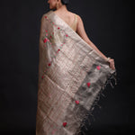 Silver Tissue Silk Saree With Hand Embroidered Thread Work back