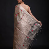 Silver Tissue Silk Saree With Hand Embroidered Thread Work back