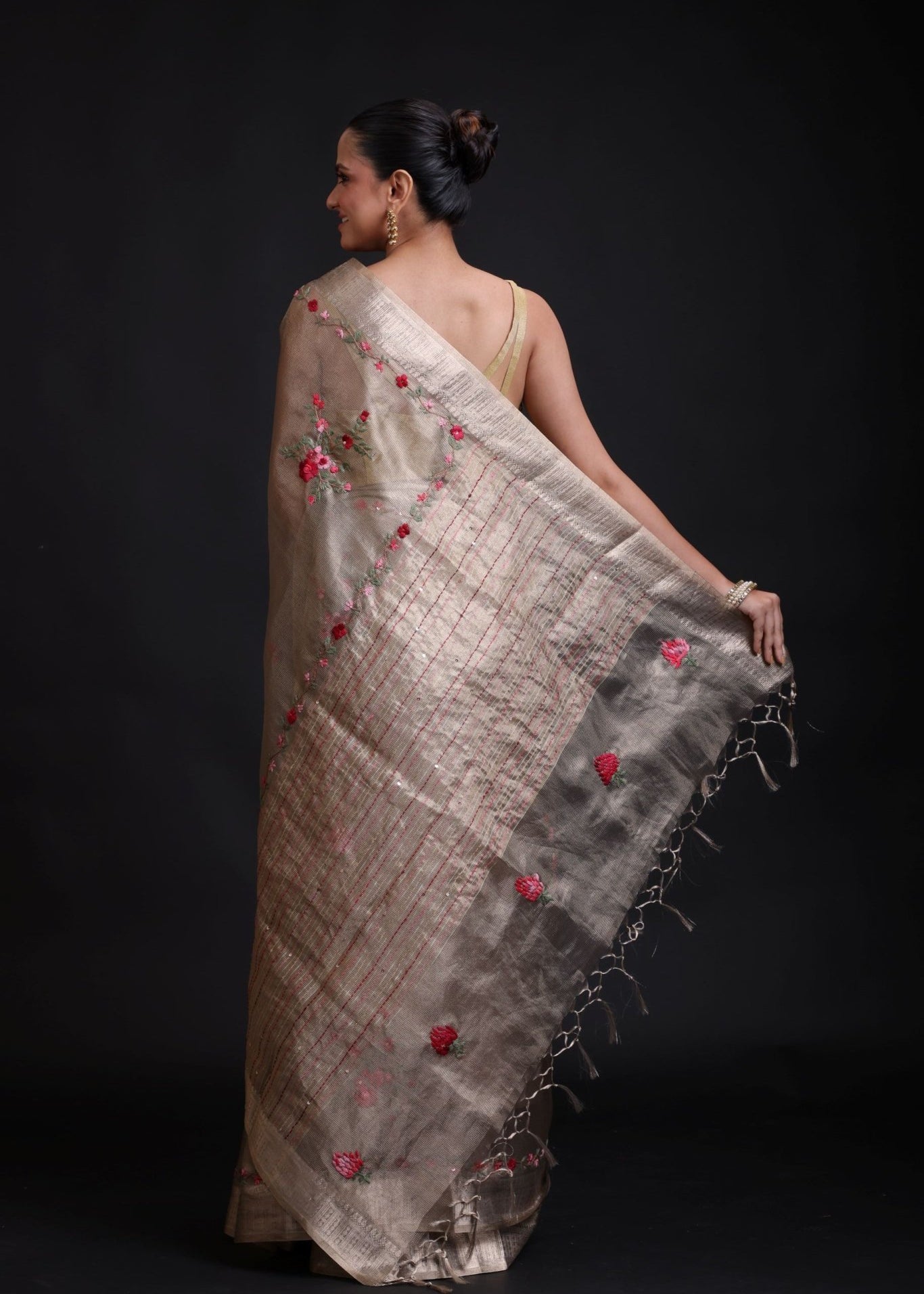 Silver Tissue Silk Saree With Hand Embroidered Thread Work - Anvi Couture