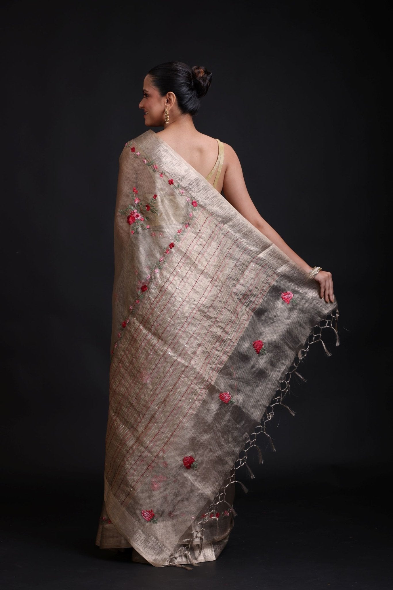 Silver Tissue Silk Saree With Hand Embroidered Thread Work - Anvi Couture