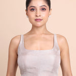 Silver Tissue Sleeveless Blouse Square Neckline Blouse Front