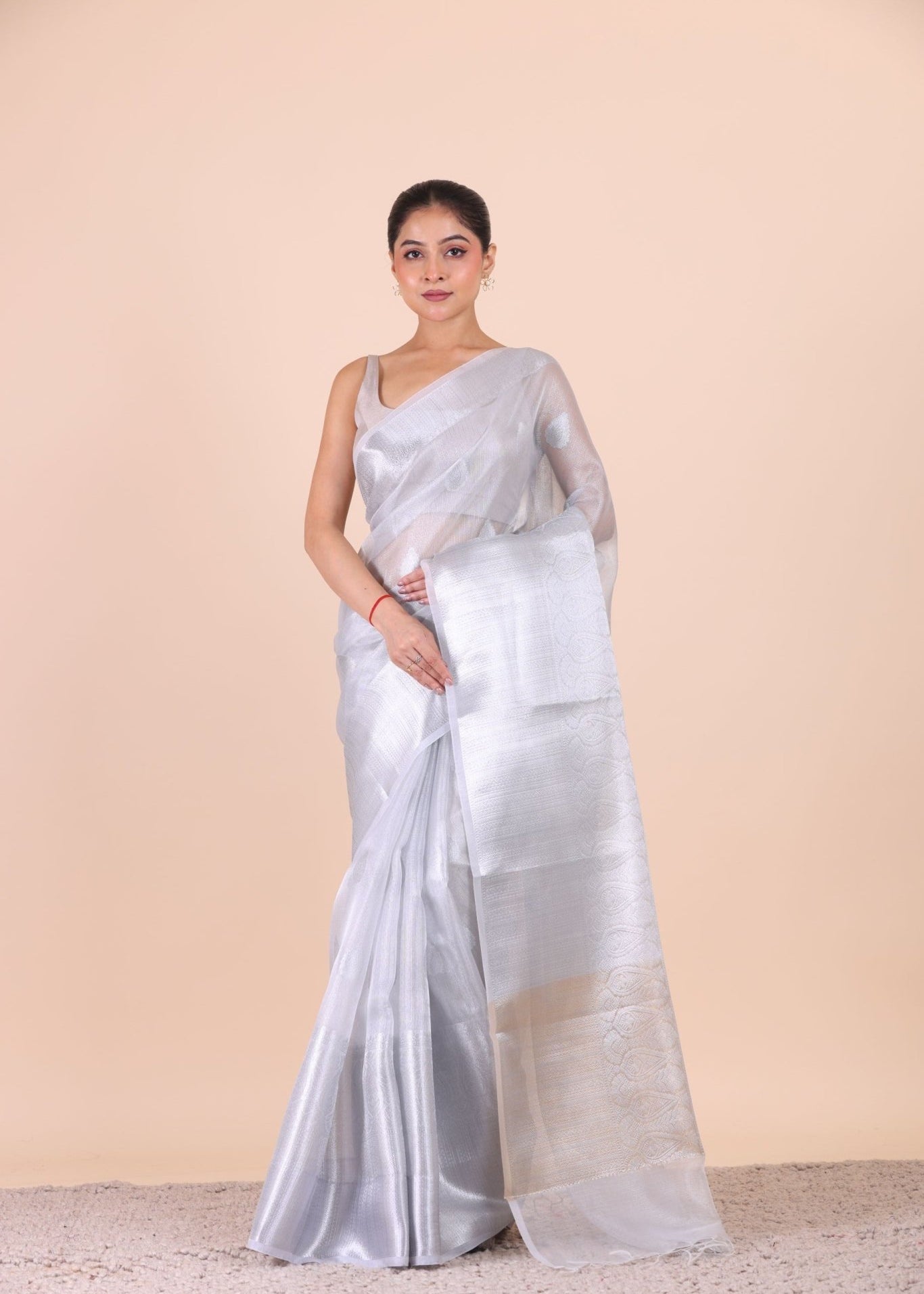 Silver Woven Tissue Silk Saree - Anvi Couture
