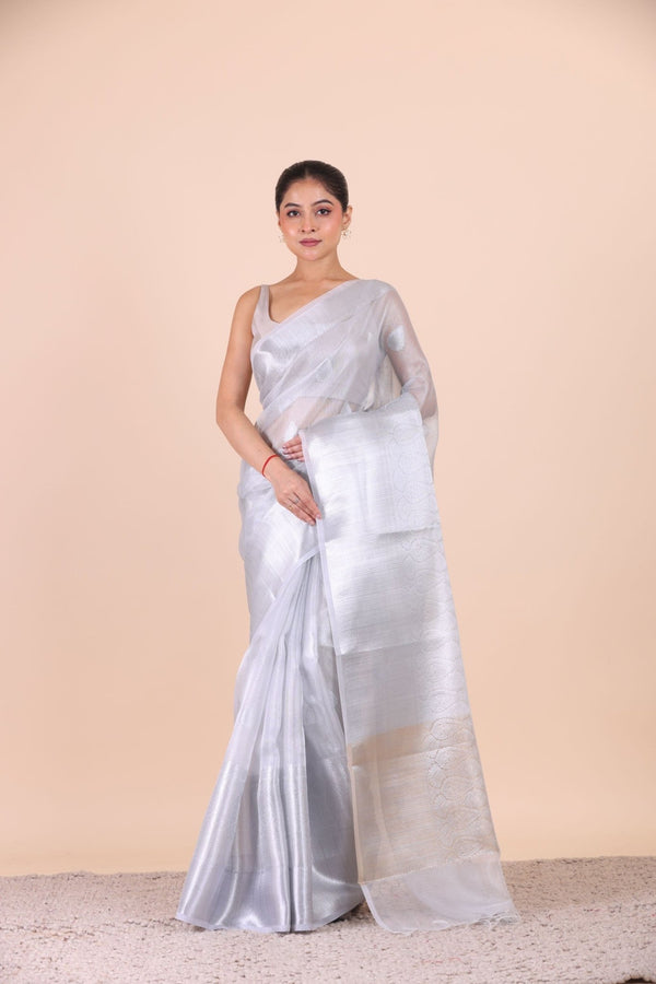 Silver Woven Tissue Silk Saree - Anvi Couture